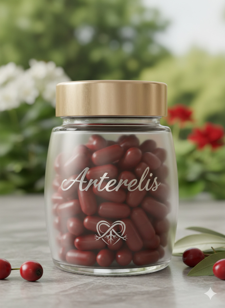 Arterelis food supplement product packaging on neutral background